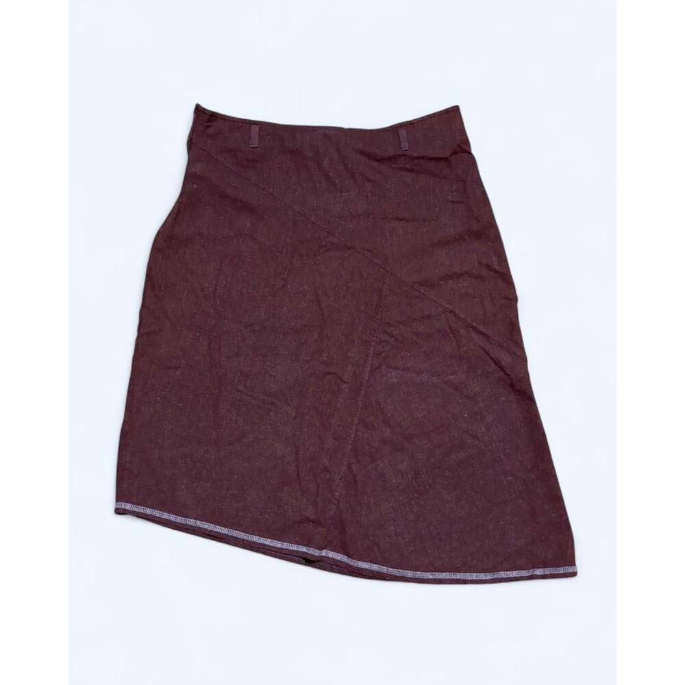 Vtg Y2K Brown Asymmetric Light Blue Contrast Stitch Text Print Linen Midi Skirt - Picture 4 of 5